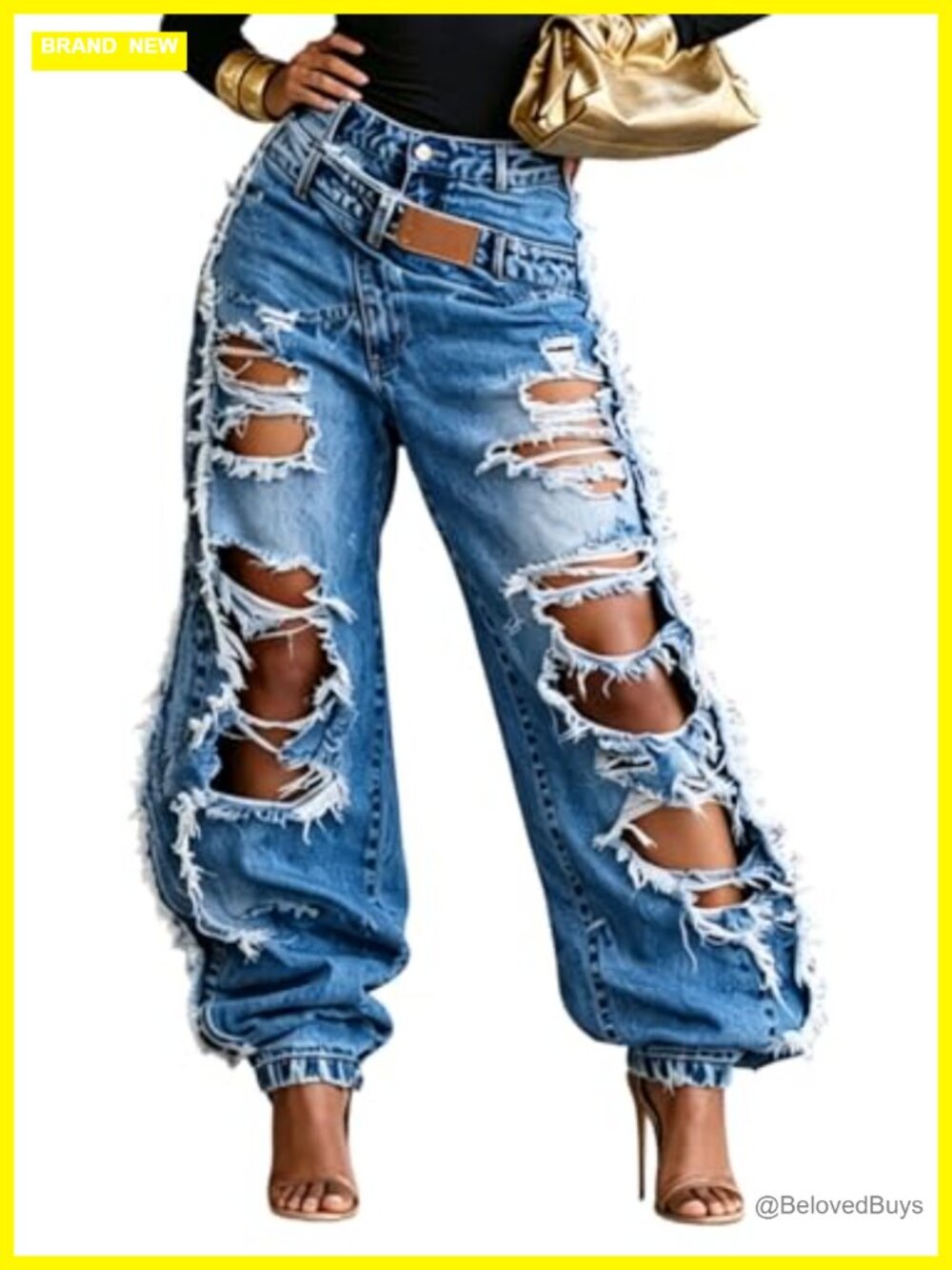 Women's Baggy Ripped High Waisted Wide Leg Barrel Denim Jogger Jeans